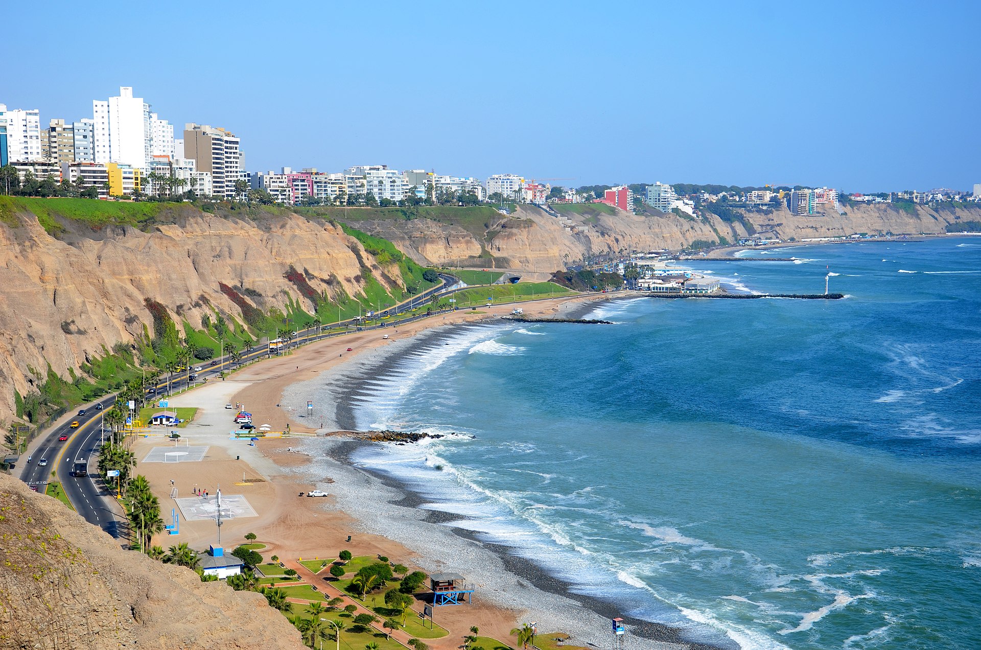 Lima skyline and high-rise buildings along the Costa Verde coastline in Miraflores district