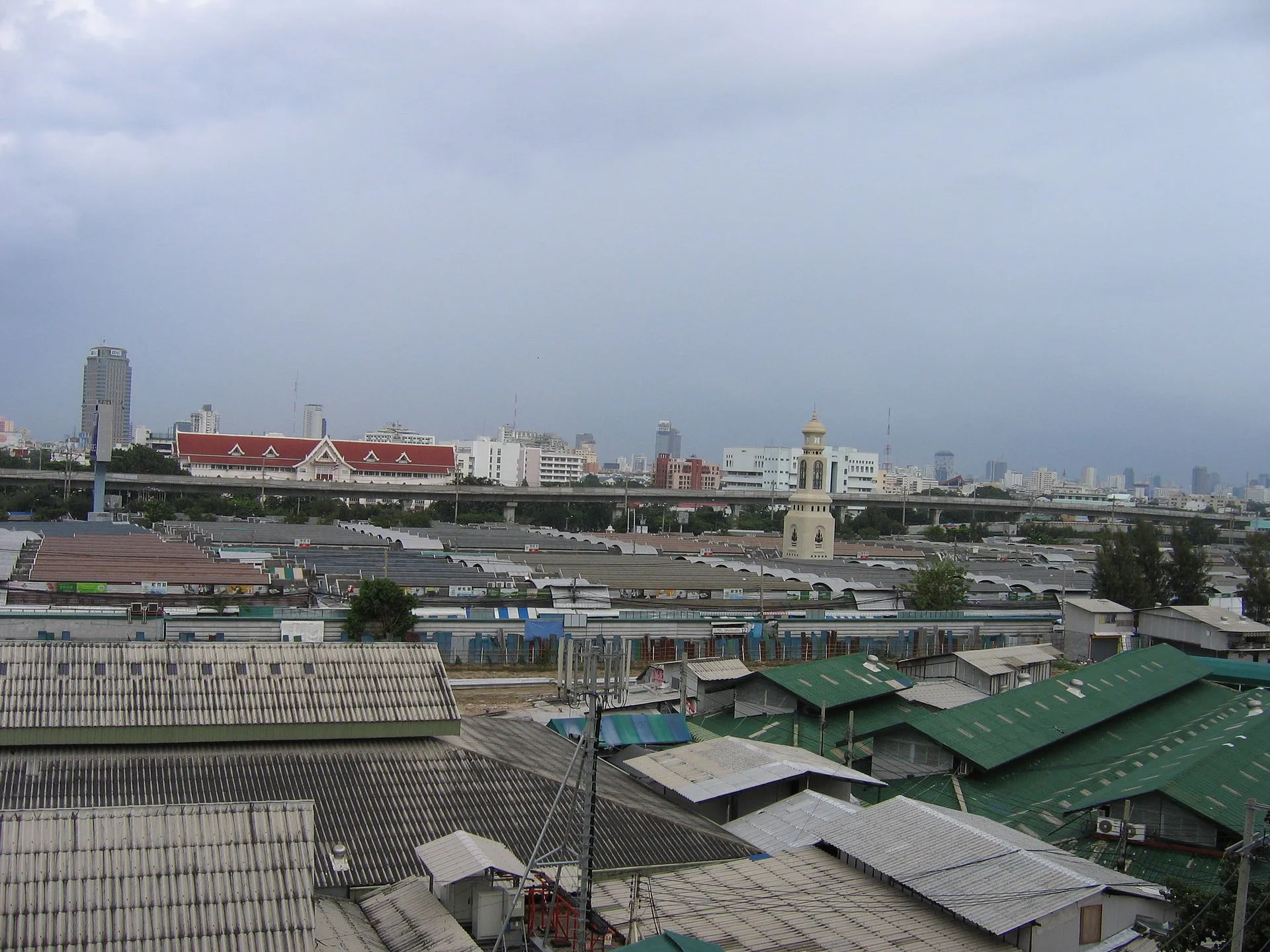 Overview of Chatuchak Market rooftops and clock tower