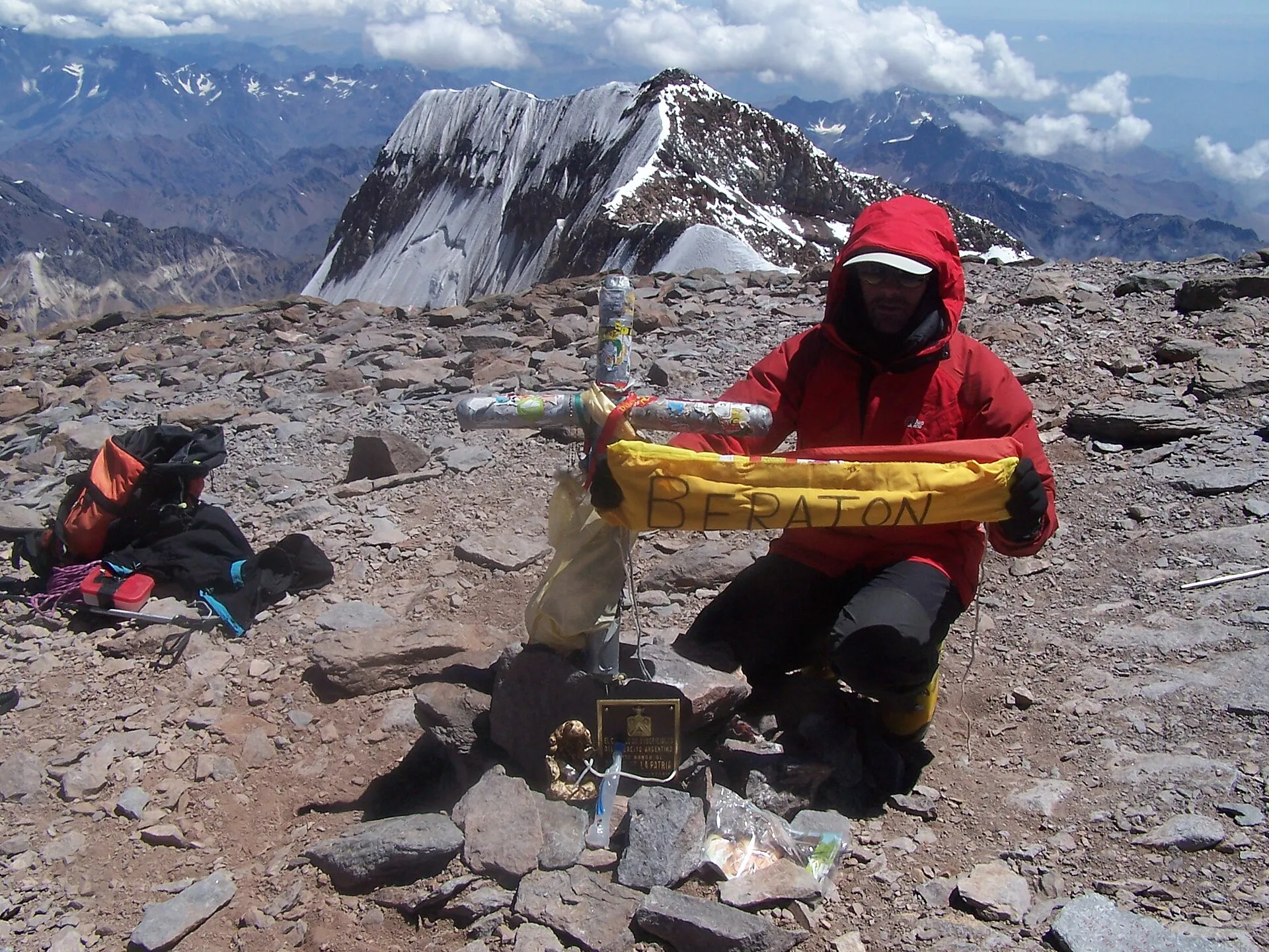 Snowy summit ridge of Aconcagua under a clear sky