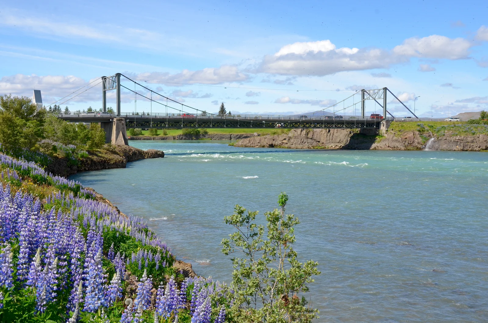 The suspension bridge over the Ölfusá river in the centre of Selfoss, Iceland