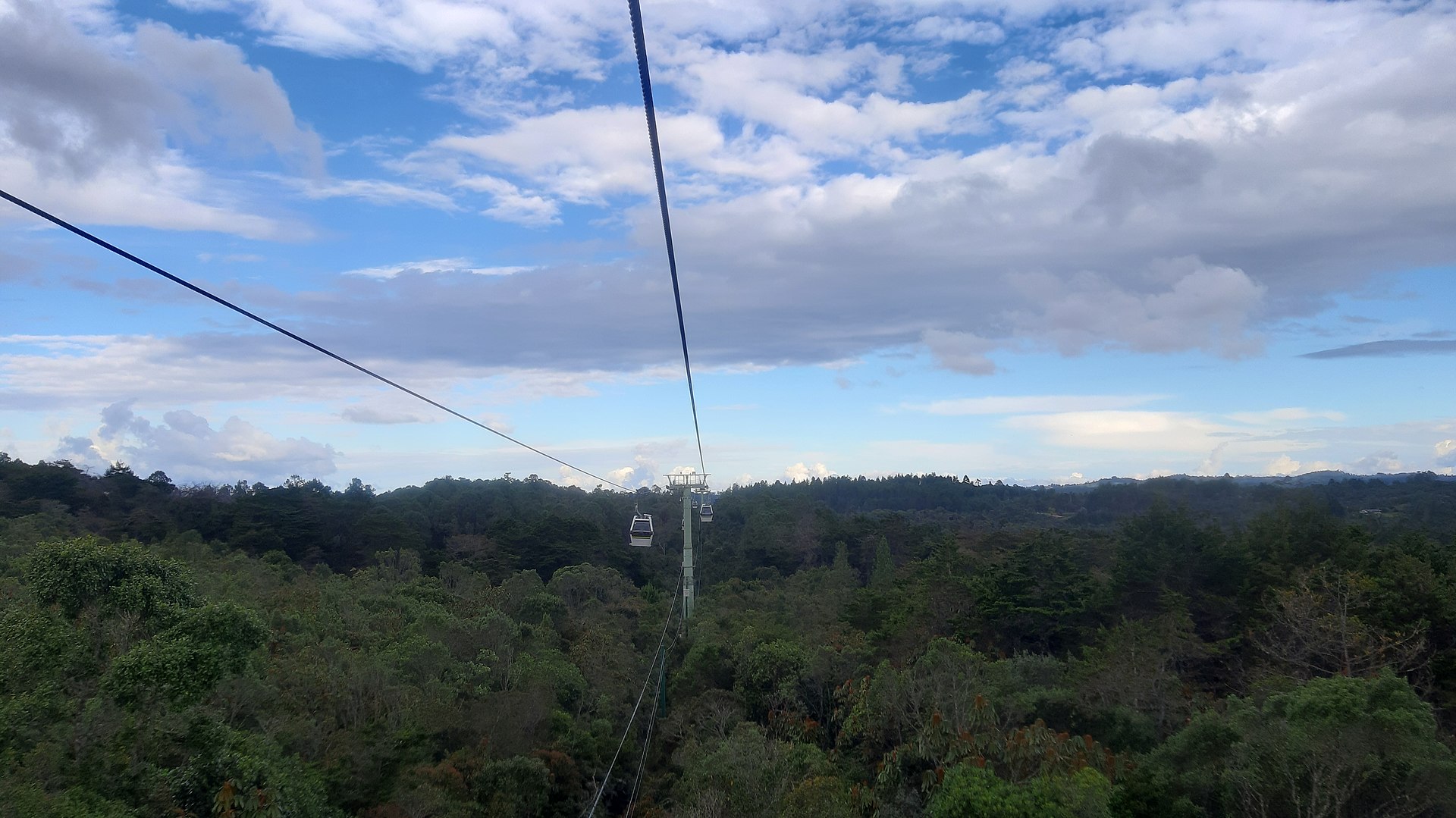 Metrocable gondola system over the forest leading to Parque Arvi in Medellin