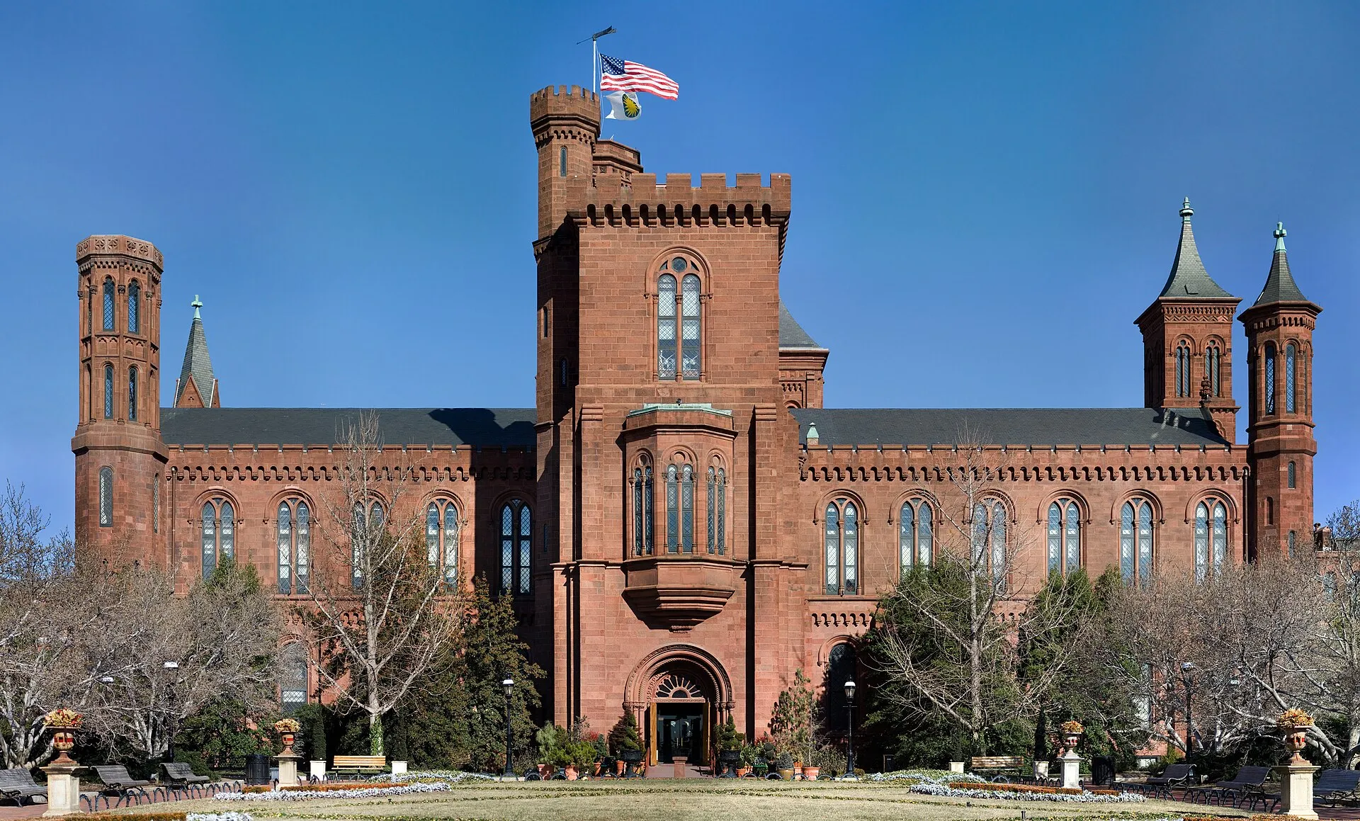 The Smithsonian Castle, a red sandstone Norman-style landmark on the National Mall
