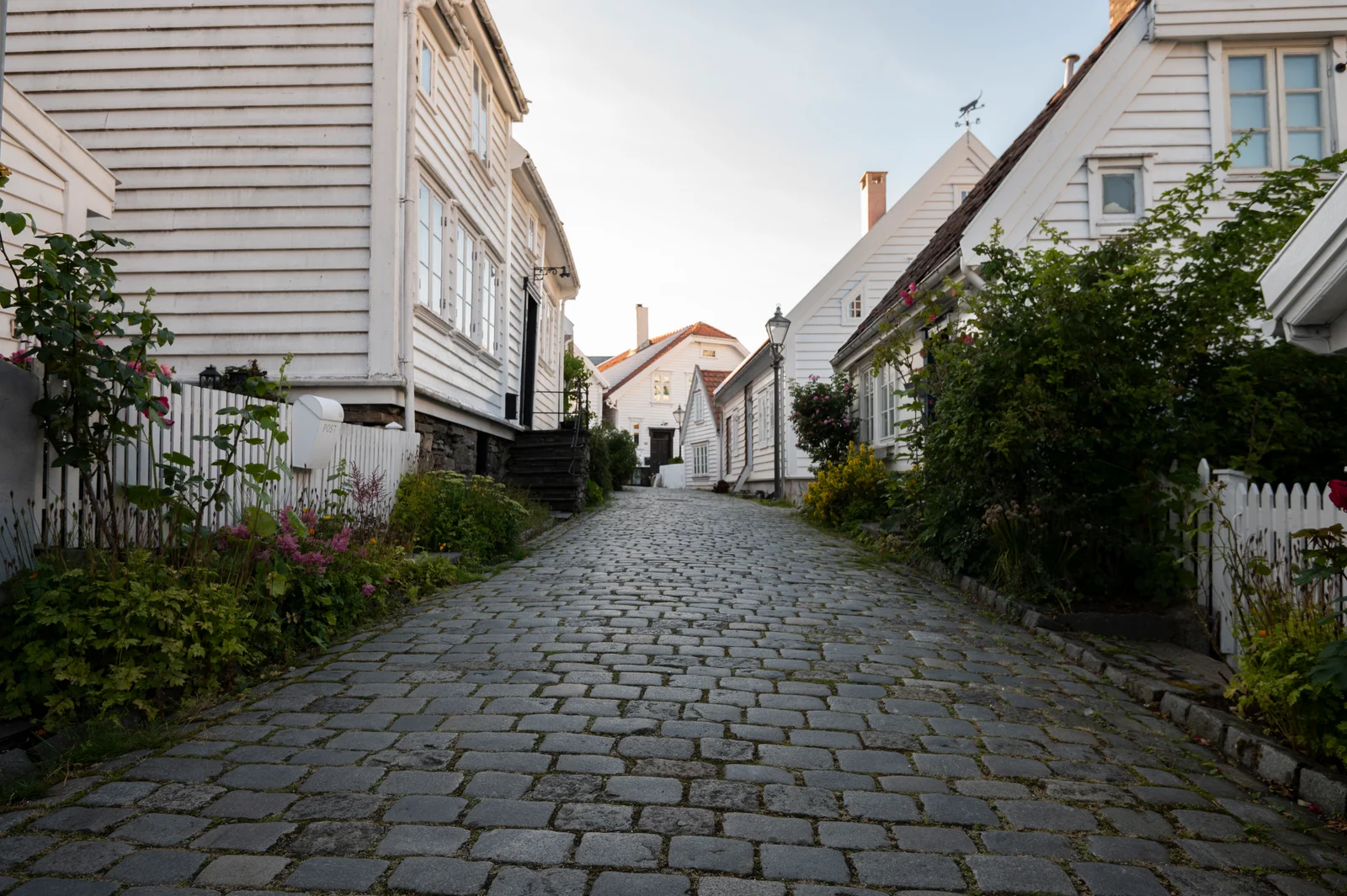 A cobbled lane of white timber houses in the Gamle Stavanger old town district