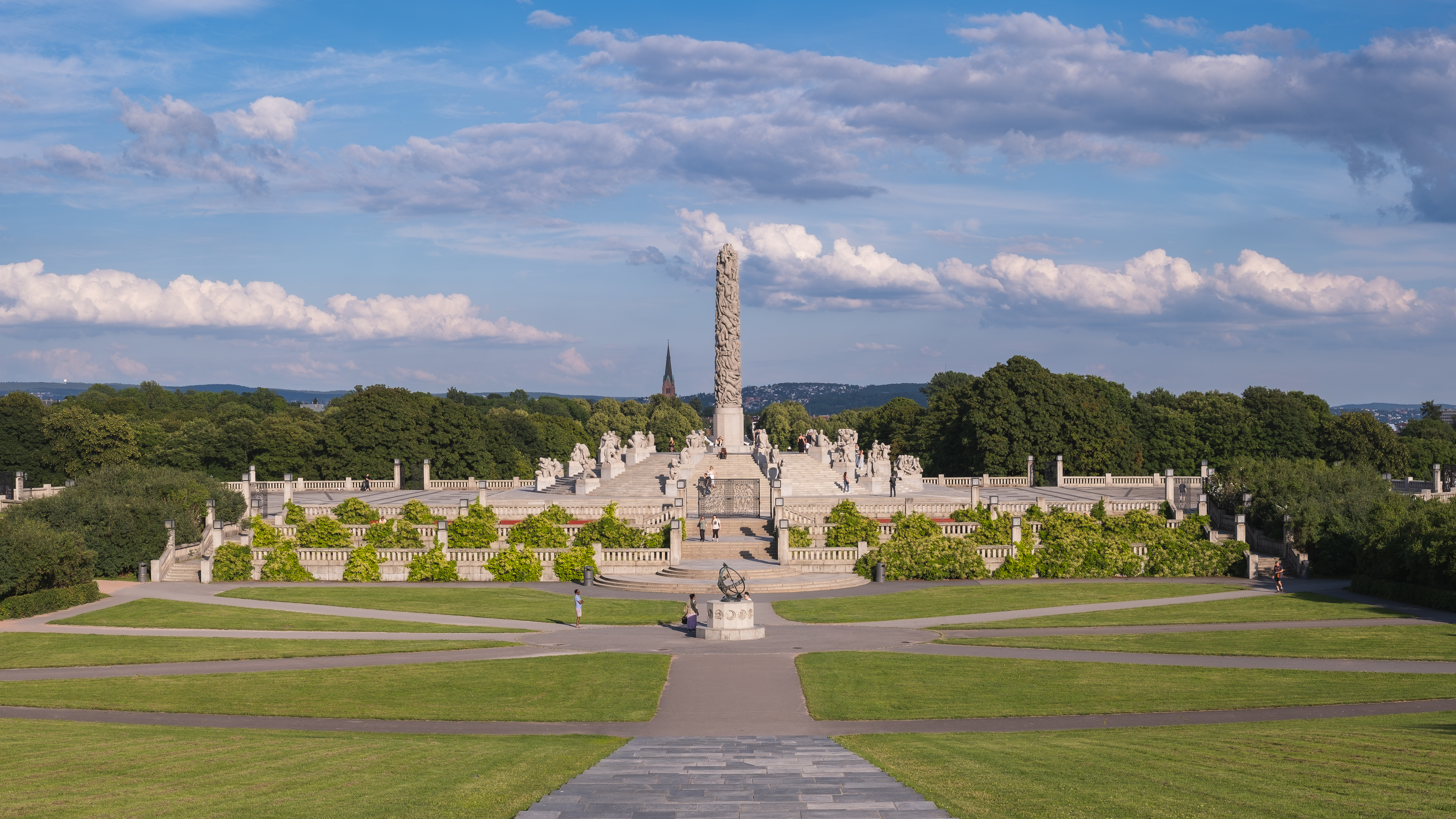 Panoramic view towards the Monolith sculpture in Vigeland Sculpture Park, Oslo, Norway