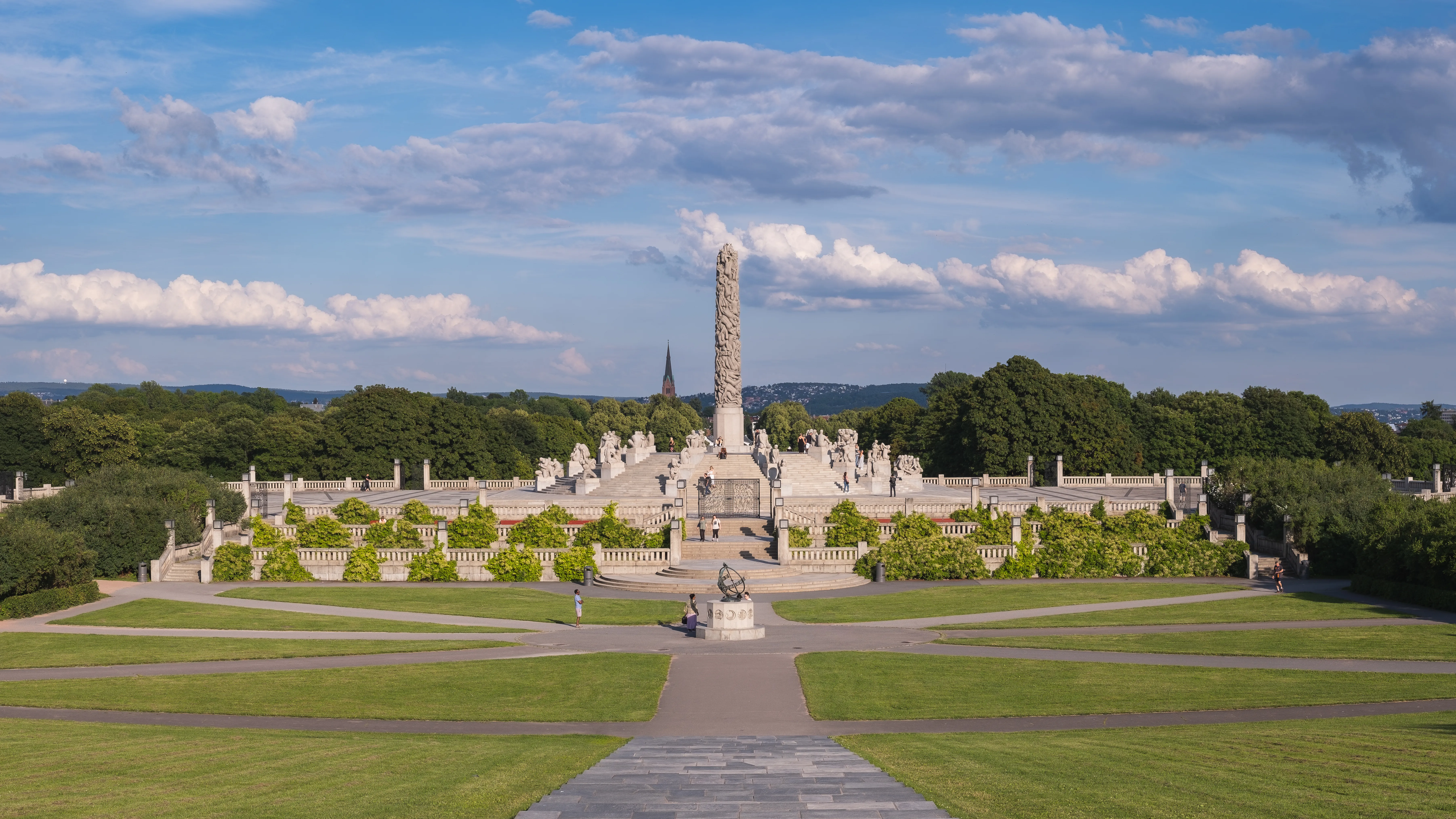 Panoramic view towards the Monolith sculpture in Vigeland Sculpture Park, Oslo, Norway