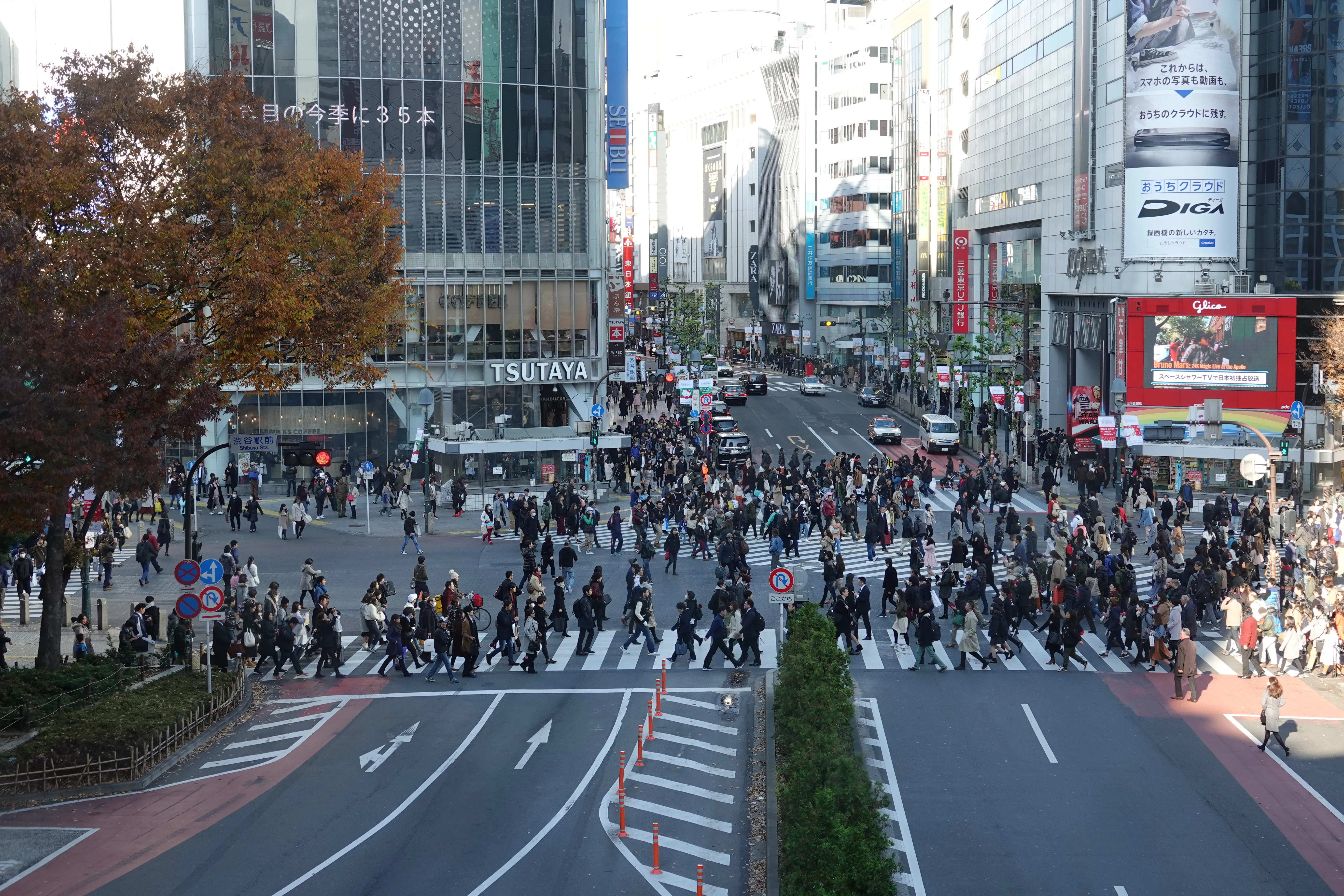 Pedestrians and glowing advertising screens at street level around the Shibuya crossing at dusk