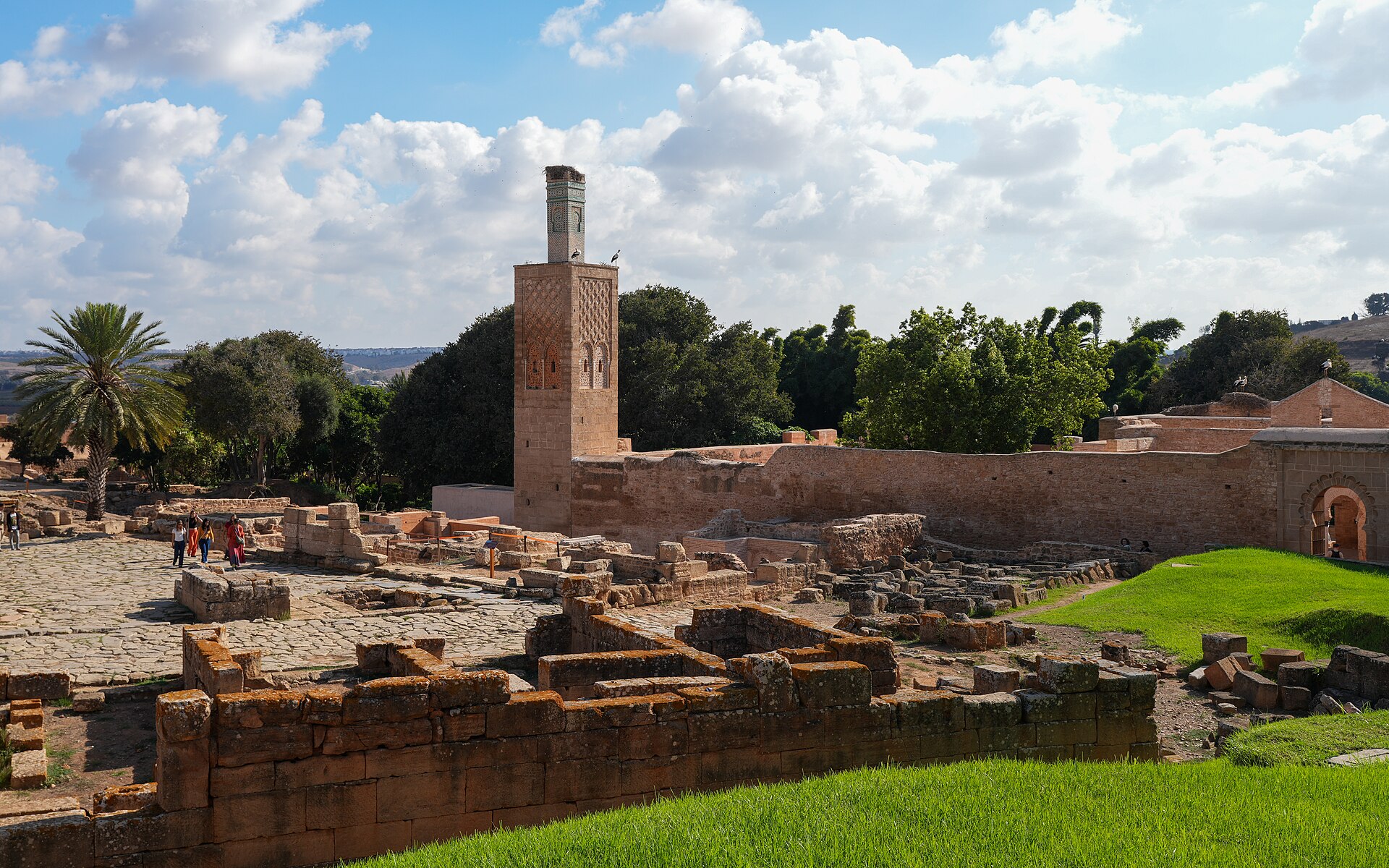 Ruins of Chellah necropolis in Rabat with minaret and stork nests