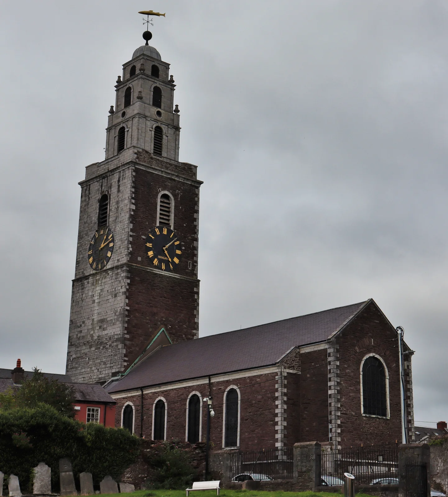 The tower of St Anne's Church Shandon with its salmon weathervane rising over Cork