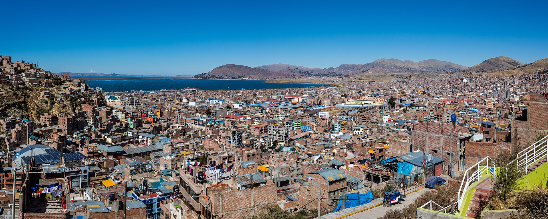 Panoramic view of Puno city on the shores of Lake Titicaca in the Peruvian Andes