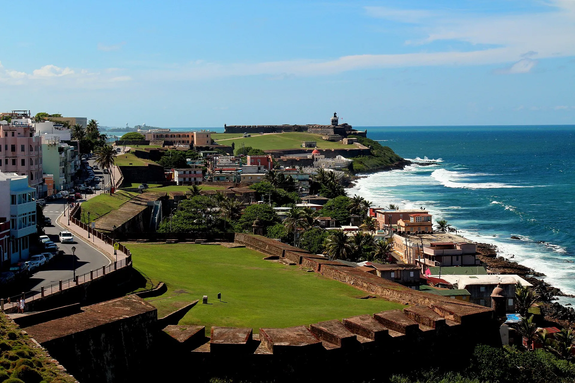 Aerial view of Old San Juan, Puerto Rico, showing colorful colonial buildings and the Atlantic coastline