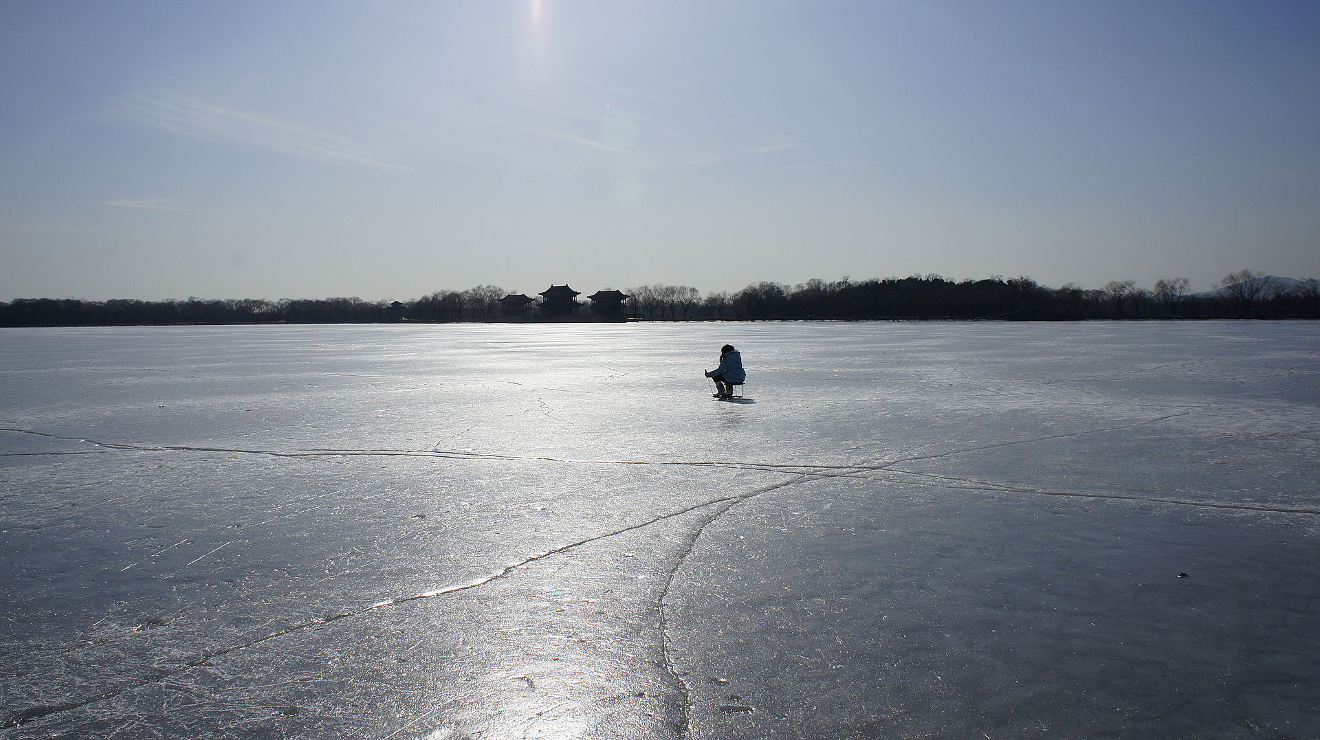 Panoramic view of Kunming Lake at the Summer Palace in Beijing with Longevity Hill in the background