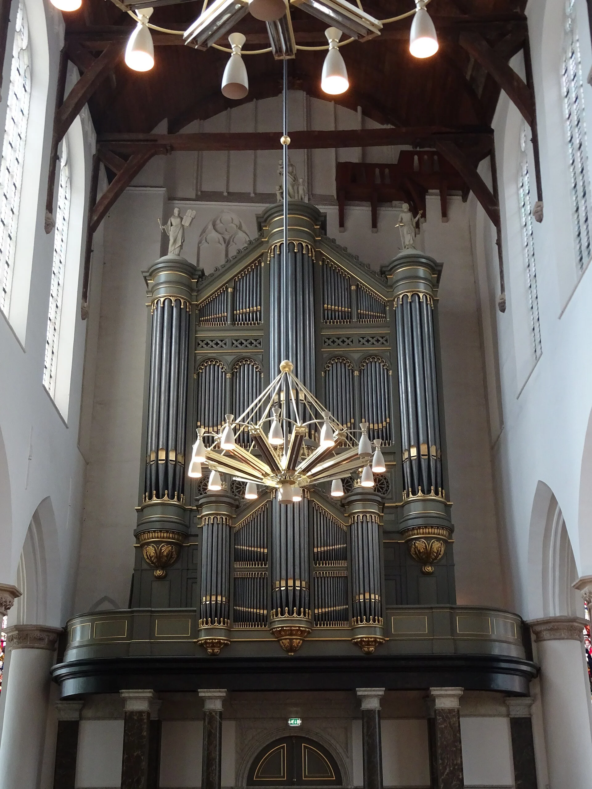 Organ and timber roof inside the Oude Kerk in Delft