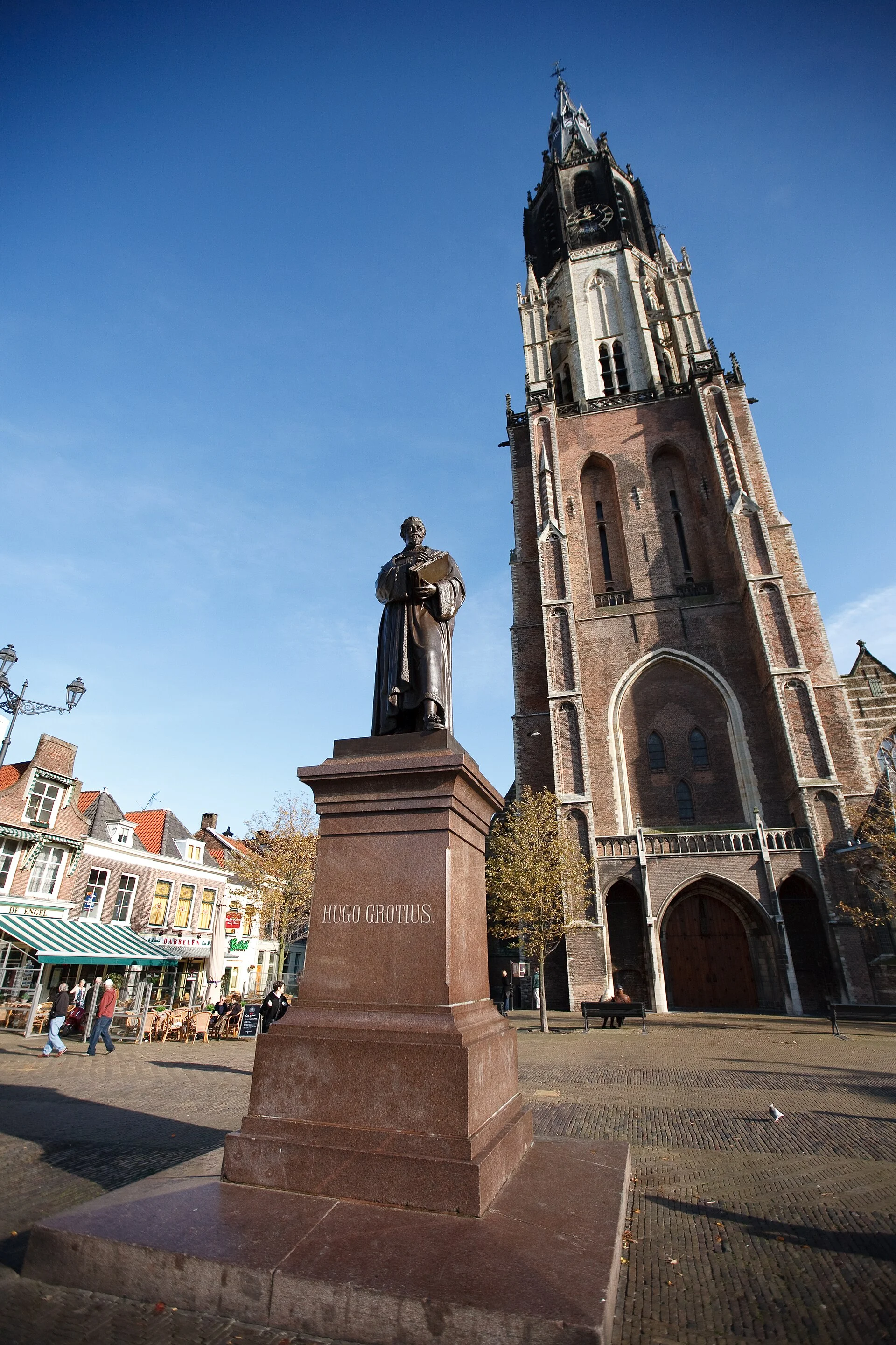 Gothic west front and brick tower of the Nieuwe Kerk on Delft's Markt