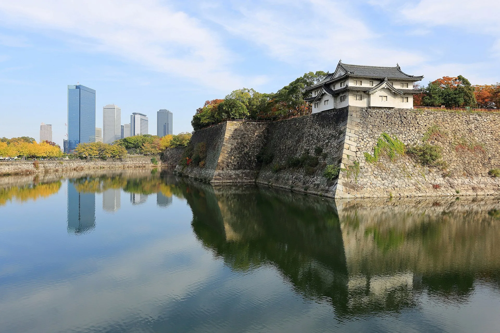 Osaka Castle outer moat and Osaka Business Park skyline