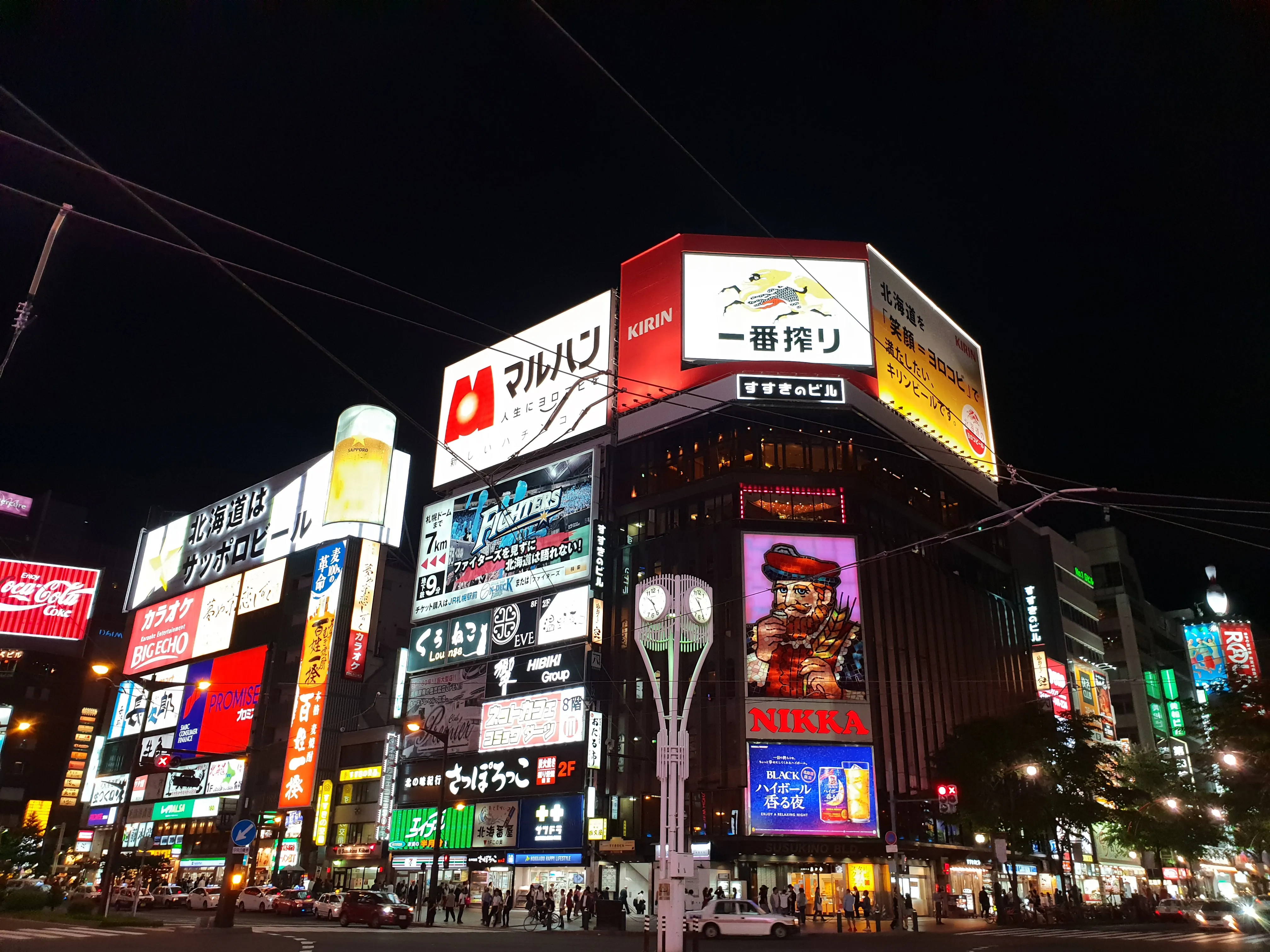 Brightly lit signboards crowding the Susukino entertainment district of Sapporo at night