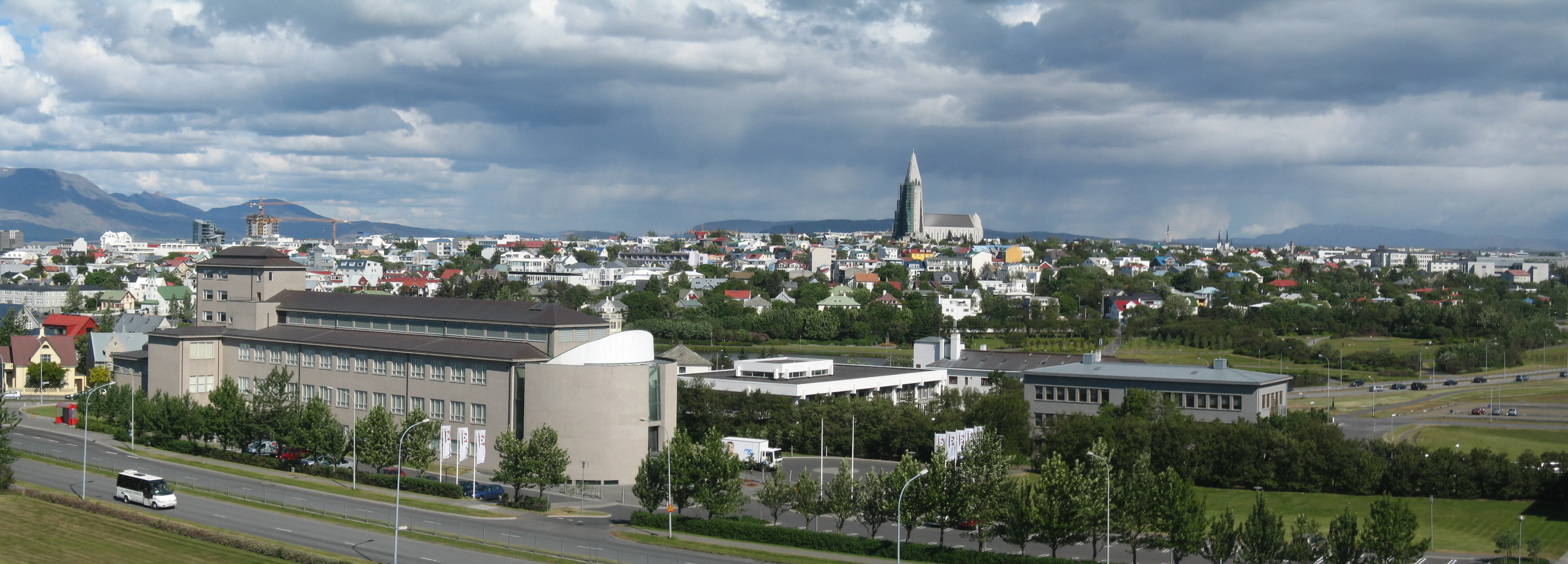 Reykjavik from the harbour, with the distinctive spire of Hallgrímskirkja rising above the city's colourful rooftops