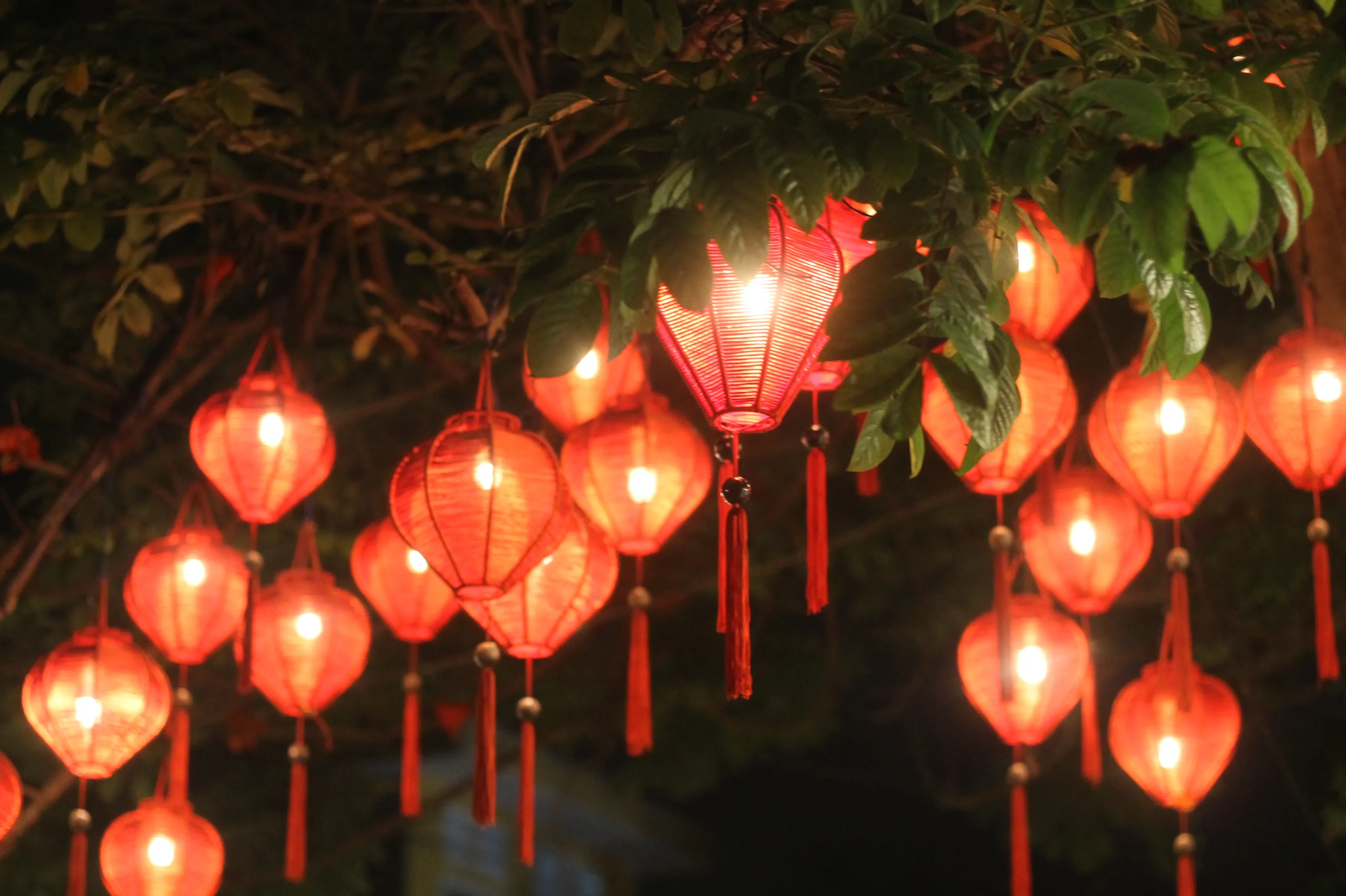 Colourful silk lanterns hanging over the ancient streets of Hoi An at night, Vietnam