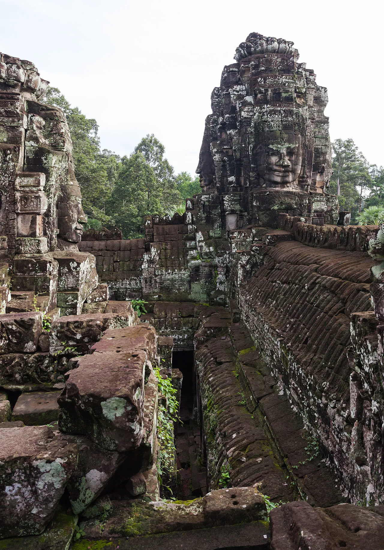 Stone face towers of the Bayon temple at Angkor Thom in Cambodia