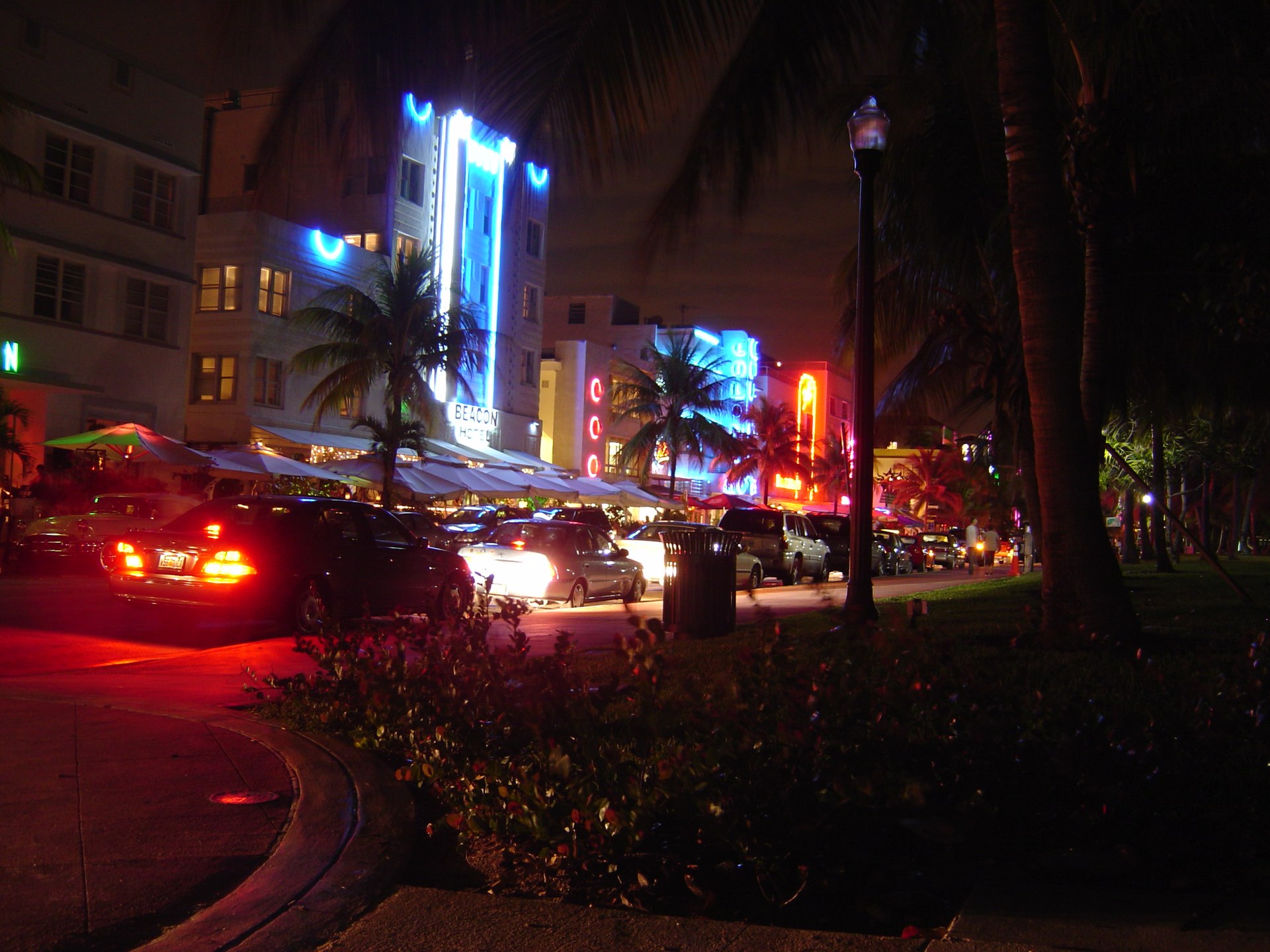 South Beach Miami at night with neon-lit Art Deco hotels