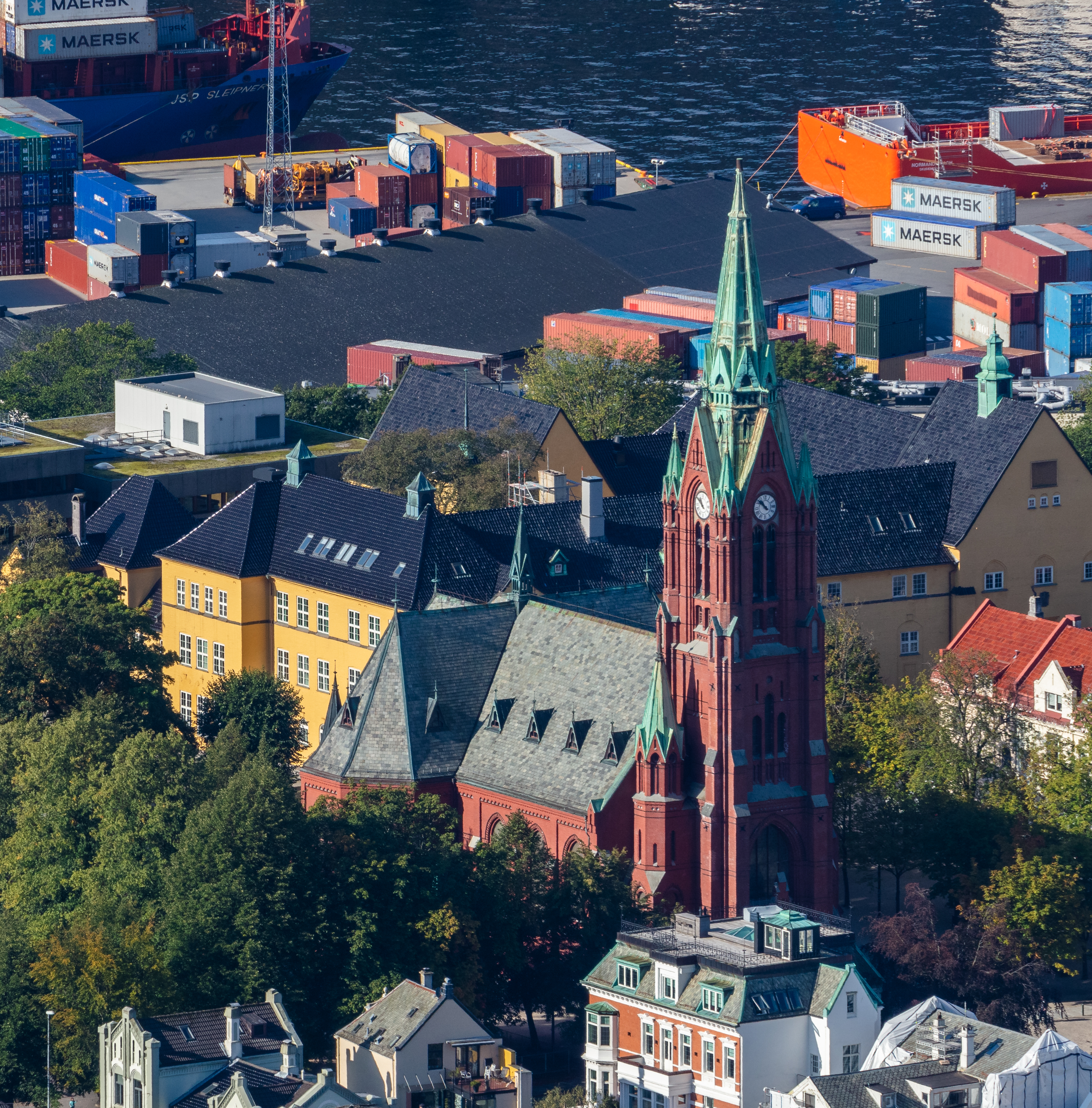 View of Bergen from Mount Fløyen, with the city and its harbour spread below