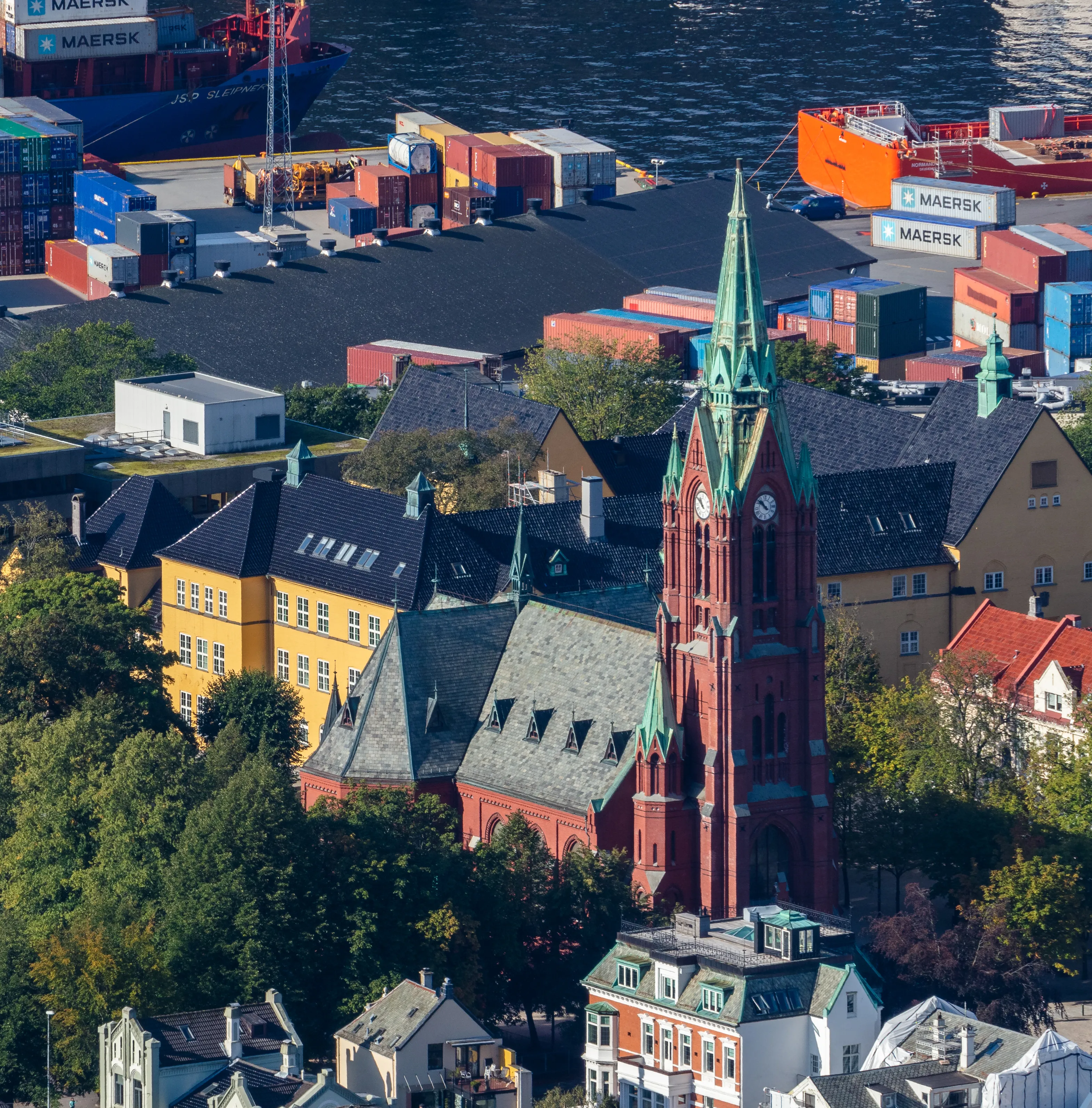 View of Bergen from Mount Fløyen, with the city and its harbour spread below