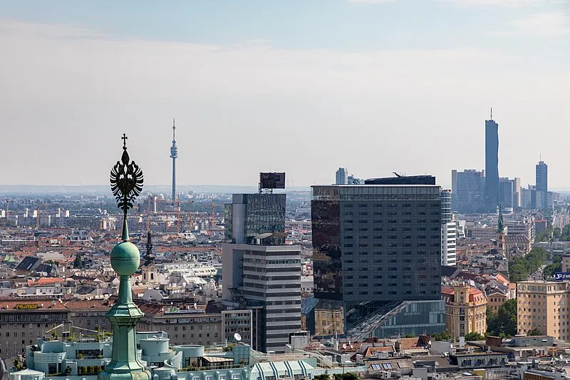 Vienna rooftops and church spires viewed from St. Stephen's Cathedral south tower