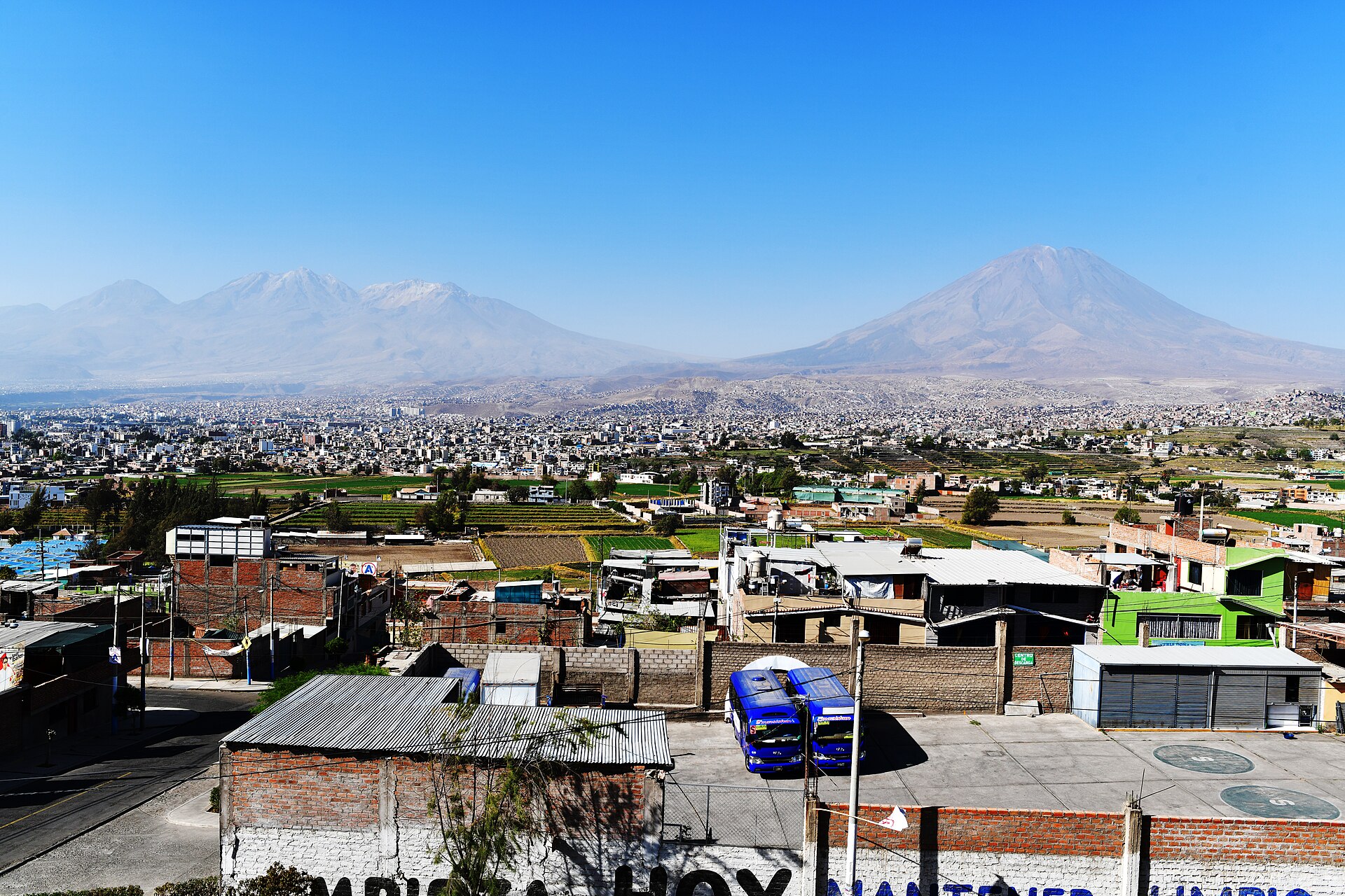 Panoramic view of Arequipa city with the Misti and Chachani volcanoes rising in the background