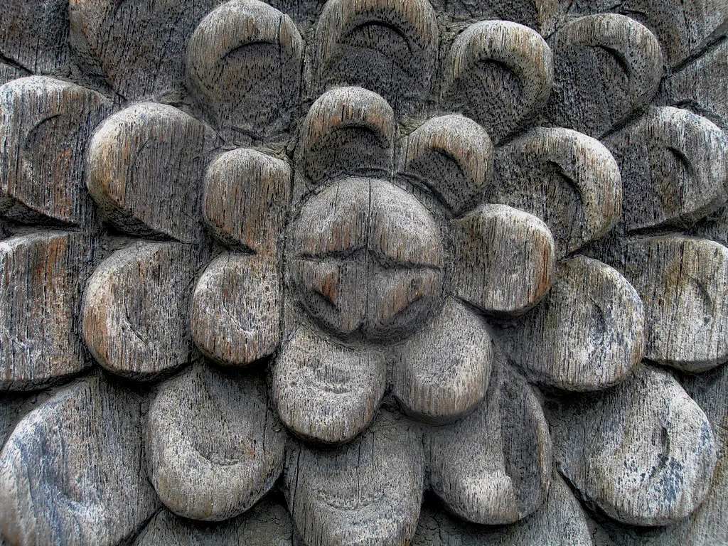 Carved wooden Zanzibari door with an embossed floral rosette motif in Stone Town