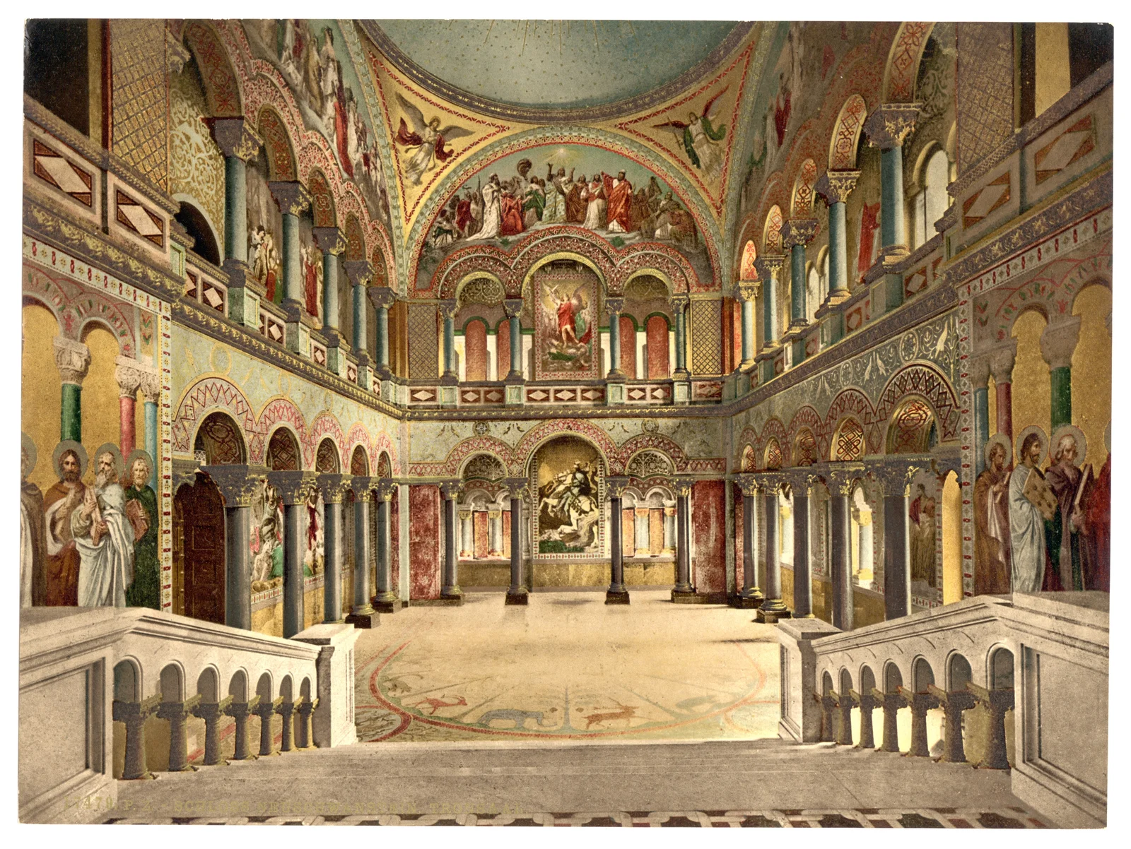 The Byzantine-style Throne Hall of Neuschwanstein with gilded arcades, a mosaic apse and a marble staircase