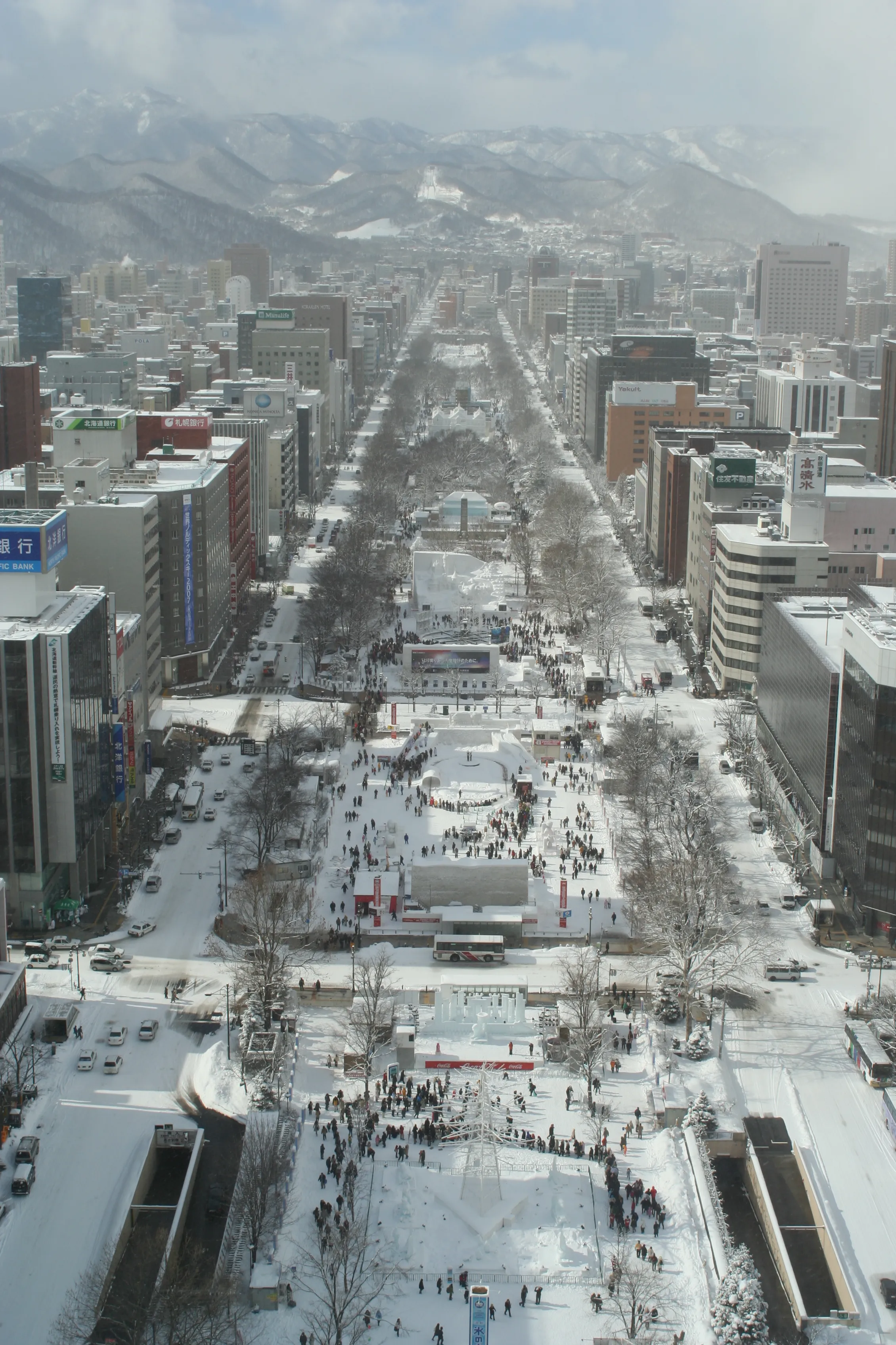 A giant carved snow sculpture in Odori Park during the Sapporo Snow Festival in winter