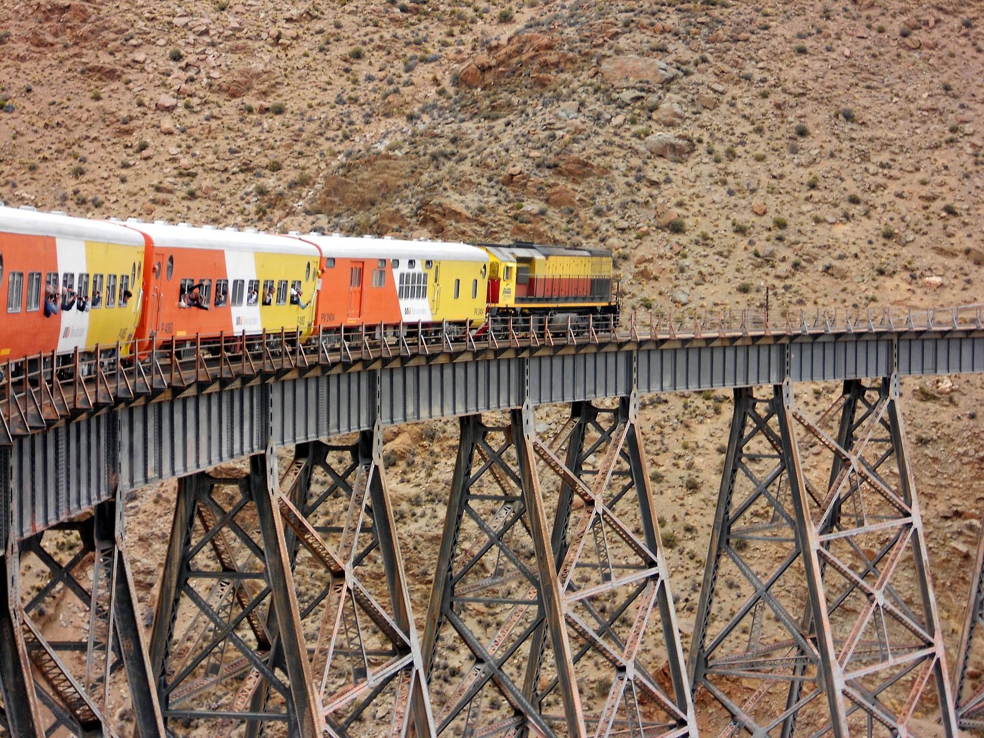 The Tren a las Nubes crossing the La Polvorilla viaduct high in the Andes mountains, Salta Province