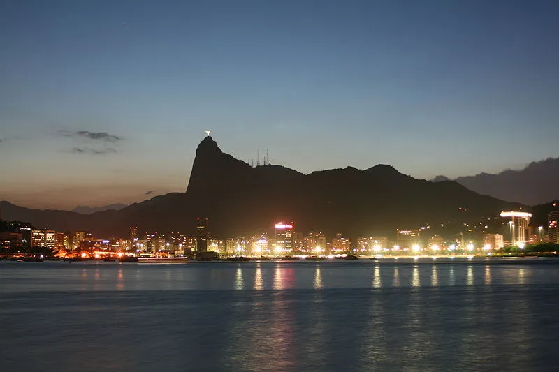 Rio de Janeiro at night with Sugarloaf Mountain and Guanabara Bay lights