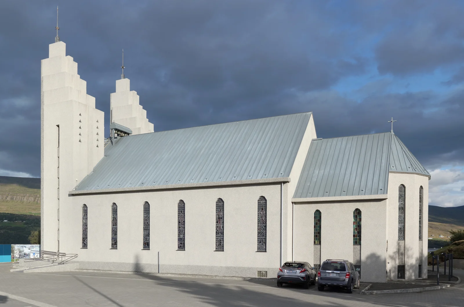 Akureyrarkirkja, the stepped modernist church by Guðjón Samúelsson, overlooking the town of Akureyri