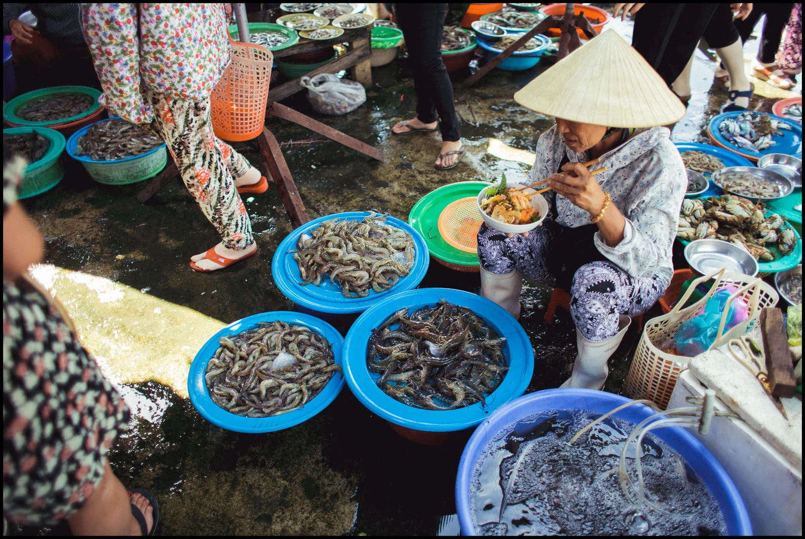 A conical-hatted vendor sits among wide blue basins of fresh shrimp and prawns at a wet seafood stall