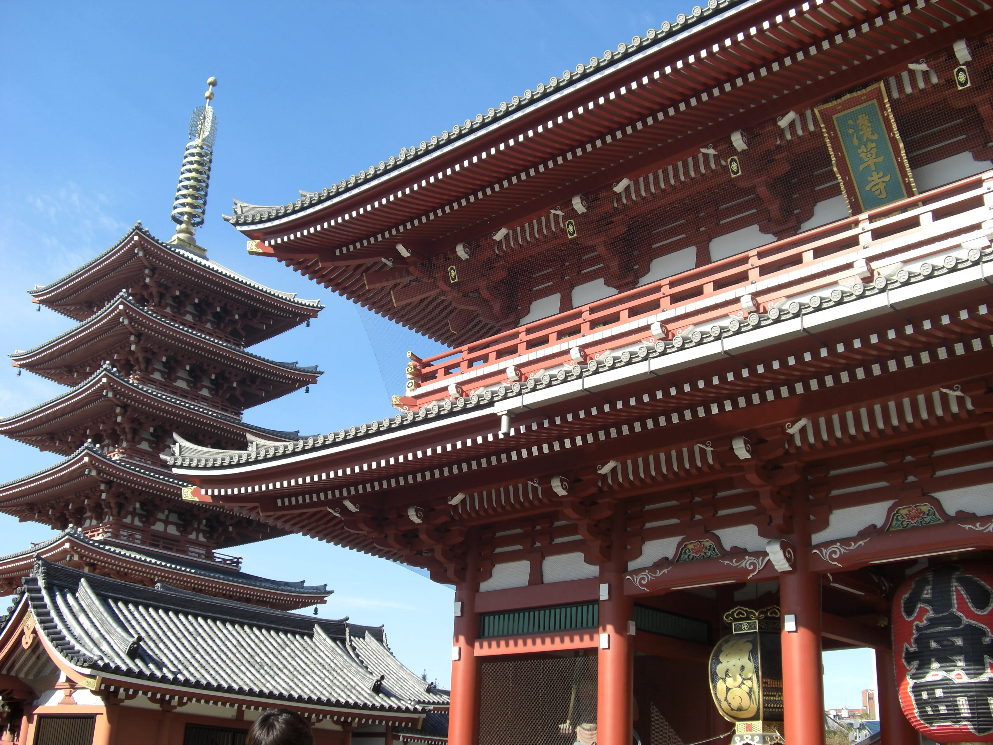 The Hozomon gate and the red five-storey pagoda within the Senso-ji temple grounds in Asakusa