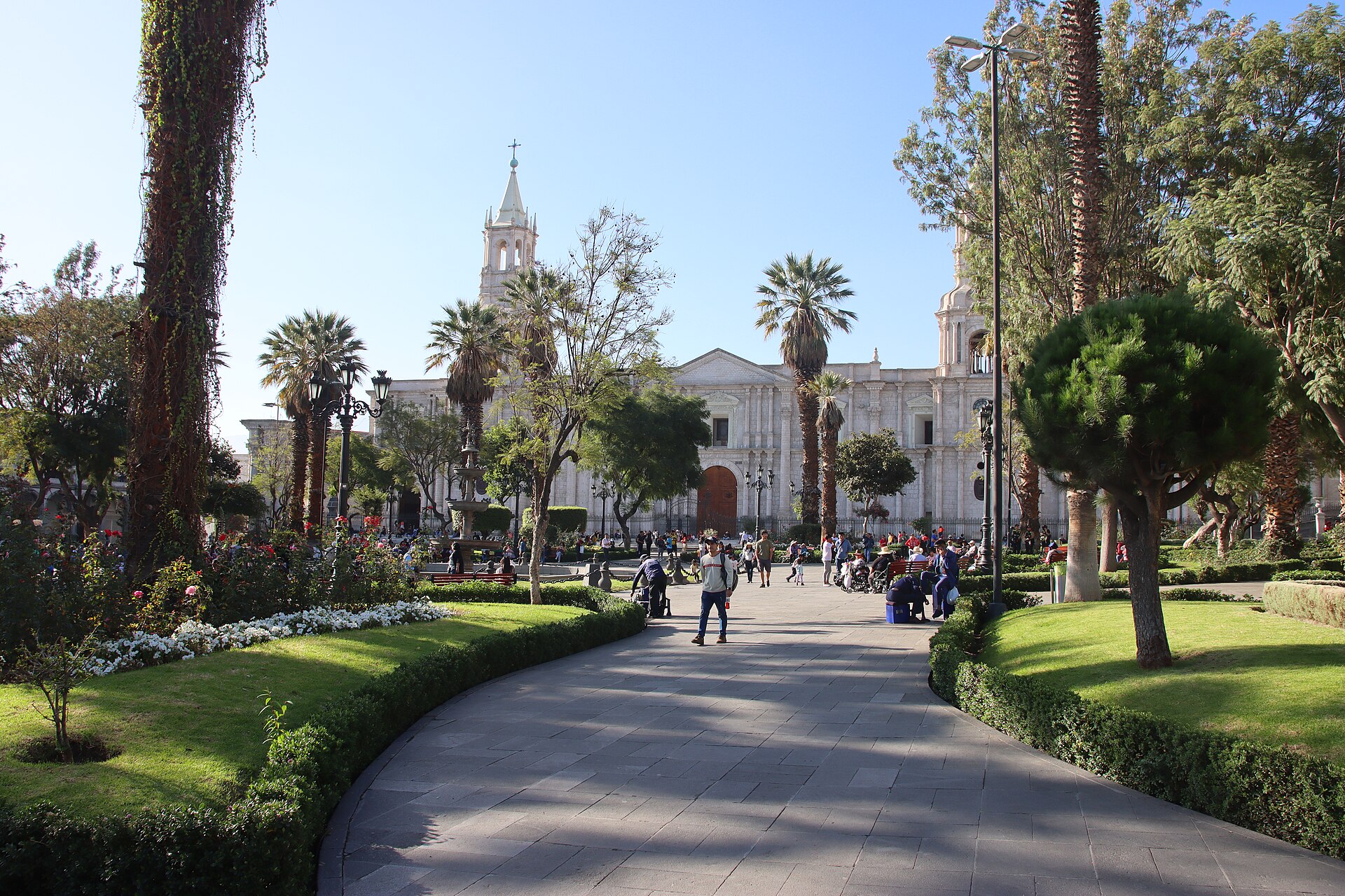 Plaza de Armas in Arequipa historic centre with white sillar stone cathedral and colonial architecture