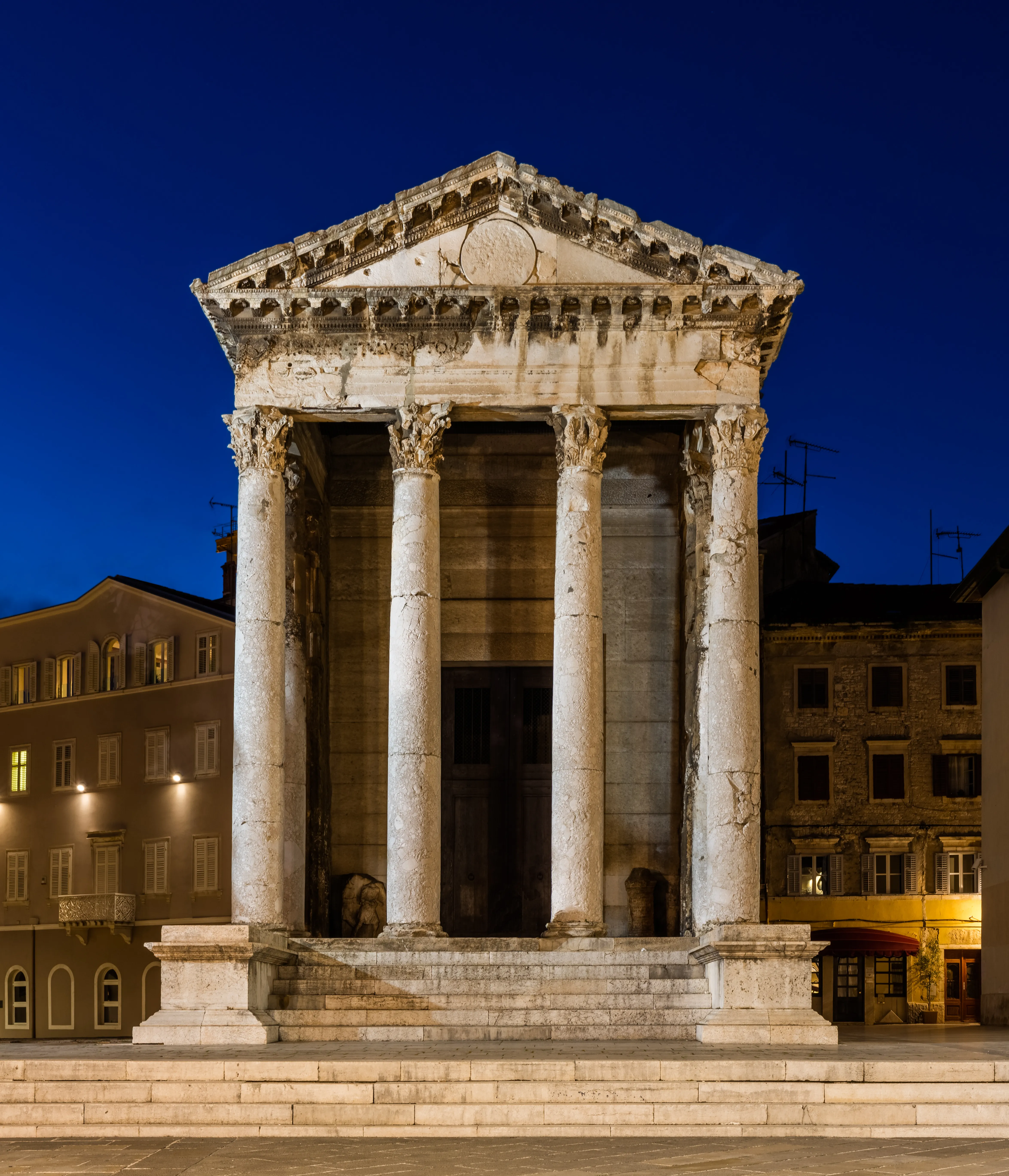 The Temple of Augustus in Pula, Croatia, its six Corinthian columns and pediment facing the Forum square