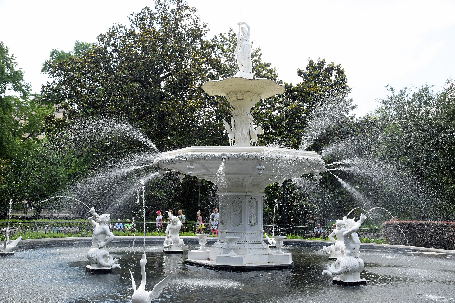 Forsyth Park fountain surrounded by live oaks draped in Spanish moss in Savannah