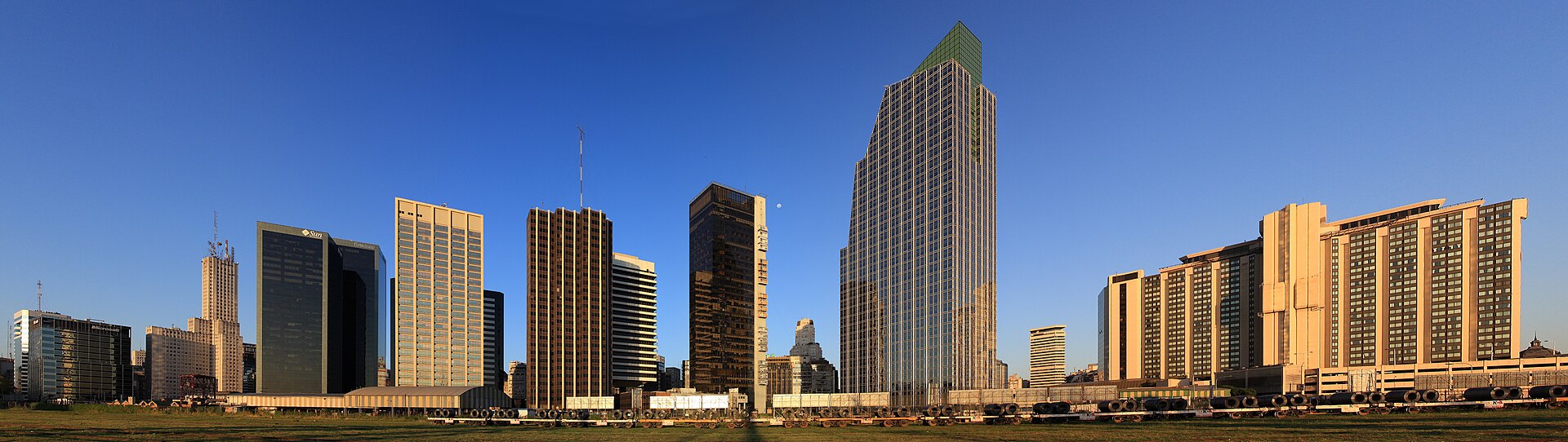 Panoramic daytime skyline of Buenos Aires showing Puerto Madero waterfront and city skyscrapers